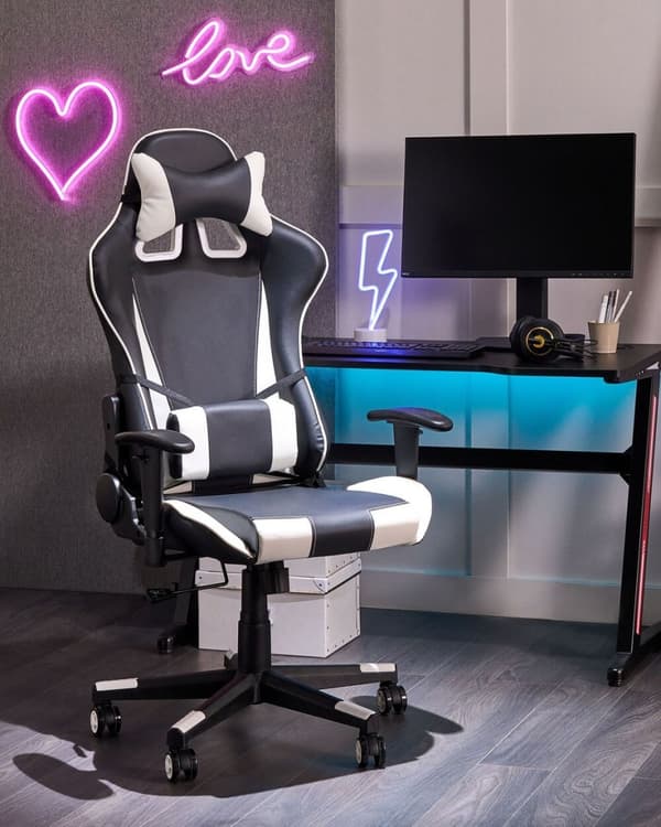 Ställbar kontorsstol, ekoläder, svart och vit, GAMER Lumarko!