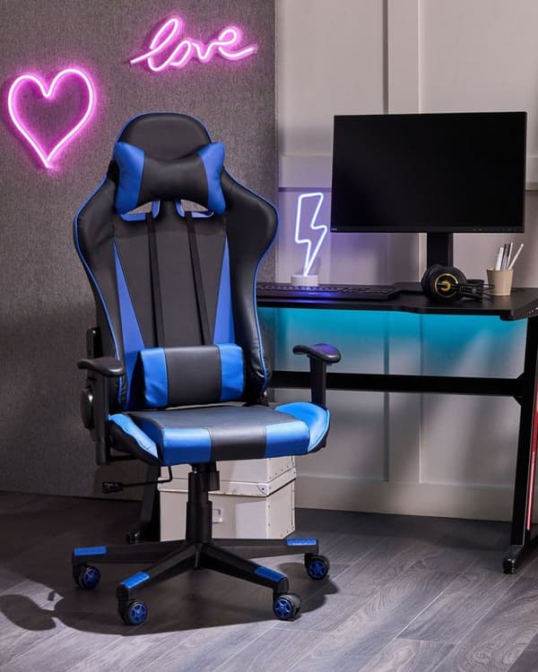Ställbar kontorsstol, ekoläder, svart och blå, GAMER Lumarko!