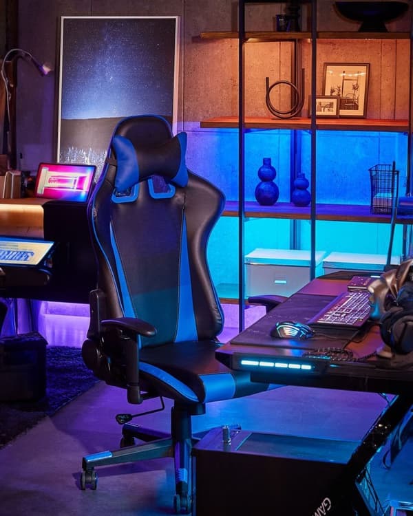 Ställbar kontorsstol, ekoläder, svart och blå, GAMER Lumarko!