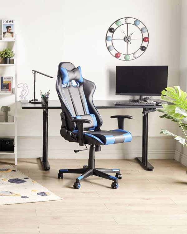 Ställbar kontorsstol, ekoläder, svart och blå, GAMER Lumarko!