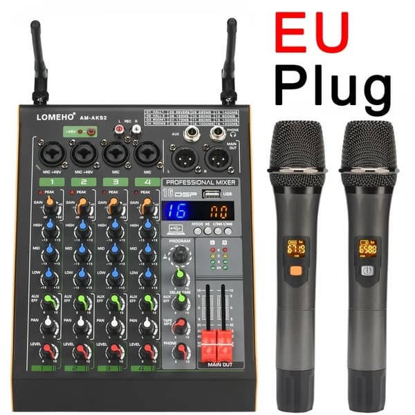 Audio mixer, UHF trådløs mikrofon, USB Bluetooth, EU -stik