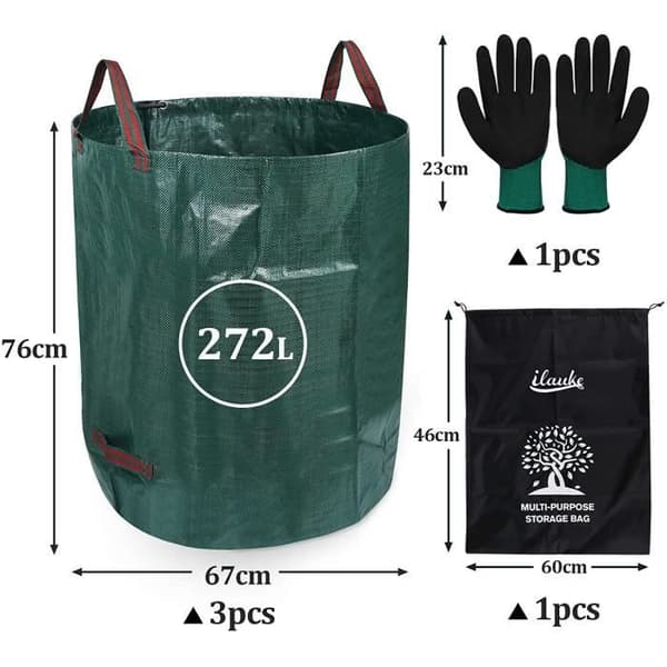 3-pack 272L trädgårdssoppåsar - Kraftig polypropen - Självmonterande och hopfällbar - Inkluderar förvaringspåse och A365
