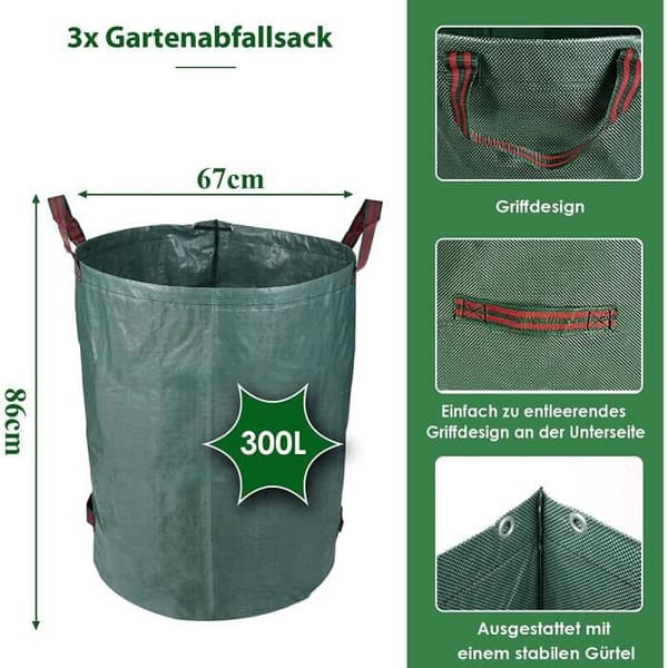 AJW-3-pack 300L trädgårdspåsar, hopfällbara och återanvändbara, stabila, UV-beständiga, grässäcksblad, trädgårdsavfall[1072]