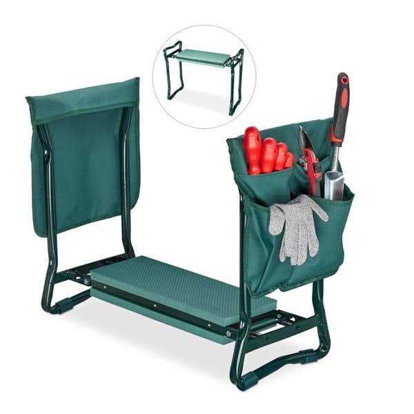 Relaxdays knäskydd, mjukt sittunderlag, 2 väskor, hopfällbar, knähjälpmedel, trädgårdsarbete, upp till 150 kg, HLP 50x60x27,5cm grön