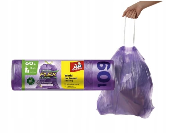Jan Niezbędnyn jätesäkit laventelinvärisellä teipillä 60l 8 kpl.