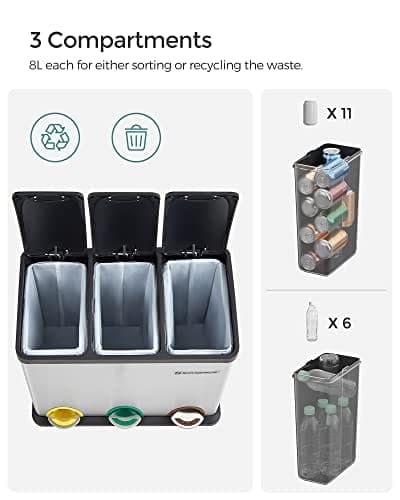 Songmics Recycling Bin, 3-in-1 Pedal Bin, 24-Liter Metal Rubbish Bin, sølv