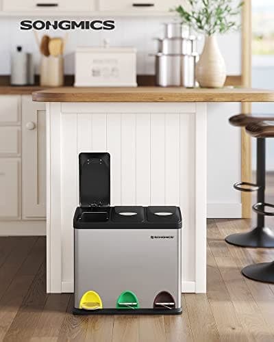 Songmics Recycling Bin, 3-in-1 Pedal Bin, 24-Liter Metal Rubbish Bin, sølv