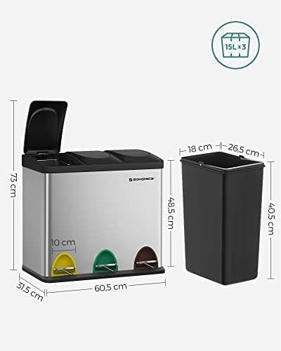 SONGMICS soptunna, återvinningskärl, pedalkorg, 45-liters, silver och svart