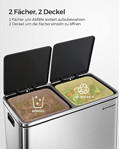 SONGMICS Dobbeltspand, 2 x 30 L Køkkenspand med dobbeltrum, Sølv og Sort