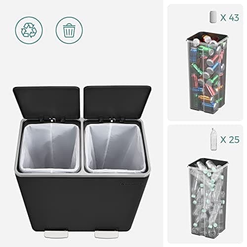 SONGMICS Dobbeltspand, 2 x 30L affalds- og genbrugskøkkenspand, sort
