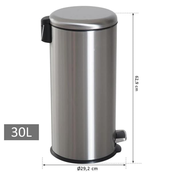 Rootz pedalspand - 30 liter - skraldespand - skraldespand - indvendig spand - hængslet låg - rustfrit stål - sølv - 29,2 x 29,2 x 62,9 cm
