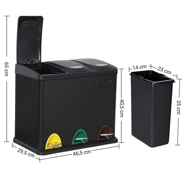 Rootz papperskorg - 24 L - 3-i-1 - Pedalbehållare - Avfallsseparering - Stål - Innerbehållare - Svart - 46,5 x 29,5 x (40,5-65) cm