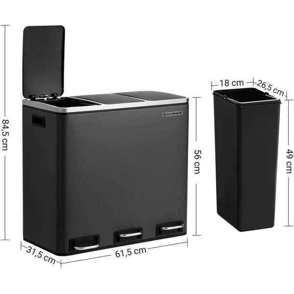 Rootz 54L skraldespand - Pedalspand - Genbrug - 3 rum - Soft-Close - Indvendige spande - Bærehåndtag - 61,5 x 31,5 x 56 cm - Sort