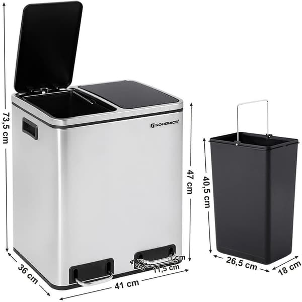 Rootz papperskorgsavfallsseparering 30 liter - papperskorgar - pedalkorg - SILVER - 41 x 36 x 47 cm