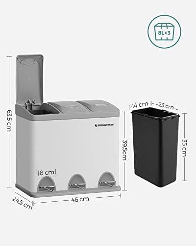 Songmics-pedaalikori, 3 x 8 litran kierrätysastia, 3 säiliötä metallijätettä, terästä, valkoista ja harmaata