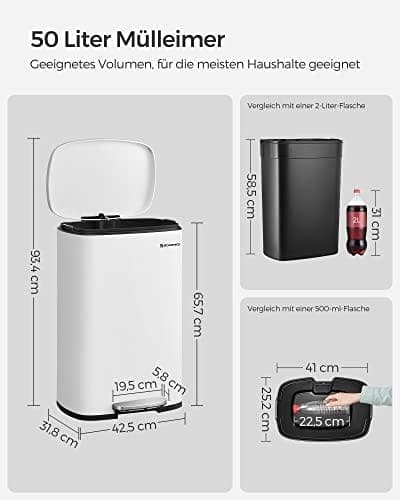 Songmics køkkenpedalspand, 50L skraldespand, med indvendig plastspand, hvid