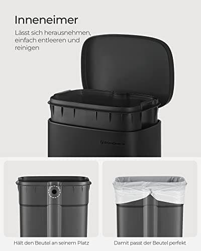 SONGMICS Kökskärl 30L, med pedal, mjukstängande lock, stål, svart