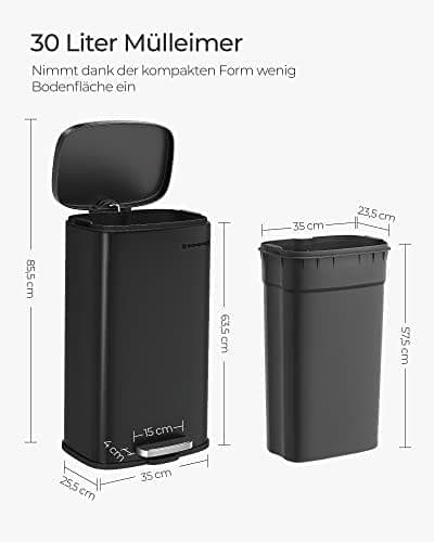 SONGMICS Kökskärl 30L, med pedal, mjukstängande lock, stål, svart