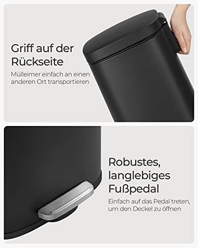 SONGMICS Kökskärl 30L, med pedal, mjukstängande lock, stål, svart