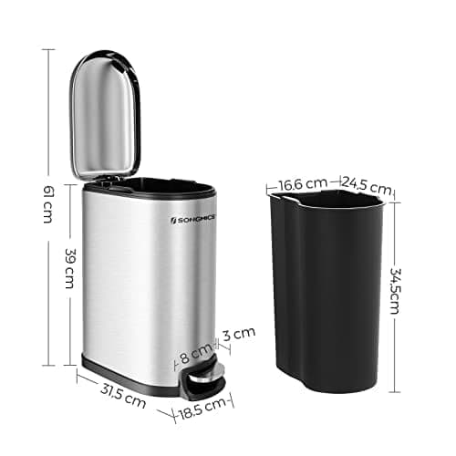 Songmics slim beholder, 10L pedalbeholder, stål, sølv