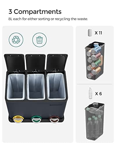 Songmics-kierrätysastia, 3-in-1-pedaalikori, 24 litran metallinen roskakori, terästä, harmaa