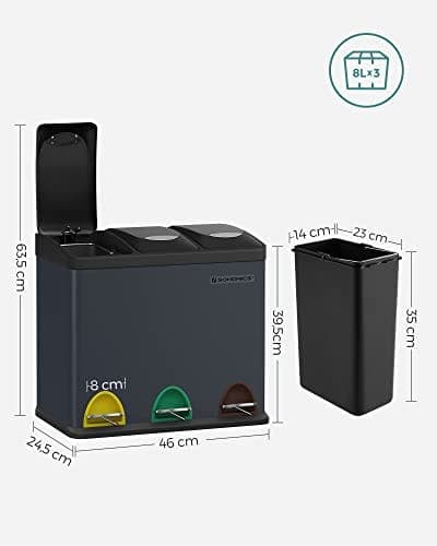 Songmics-kierrätysastia, 3-in-1-pedaalikori, 24 litran metallinen roskakori, terästä, harmaa