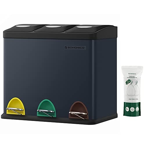 Songmics genbrugsspand, 3-i-1 pedalspand, 24 liter metalaffaldsspand, stål, grå