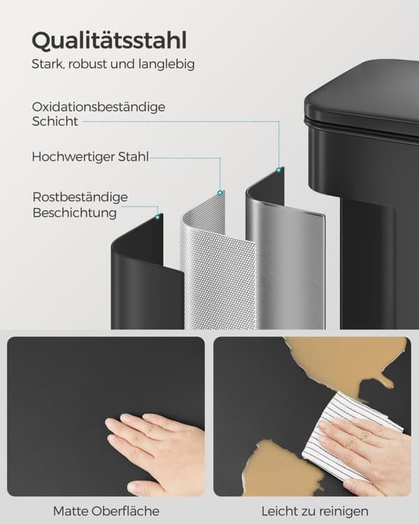 SONGMICS keittiökori, 10,5 gallonaa (40 l) roskakori, teräs, musta