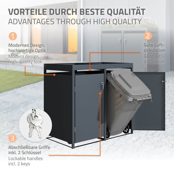 ML-Design papperskorgsbox 3er med planteringstak för 3 papperskorgar, 240L 200x80x124cm antracit, stål, väderbeständig, låsbart papperskorgslock med