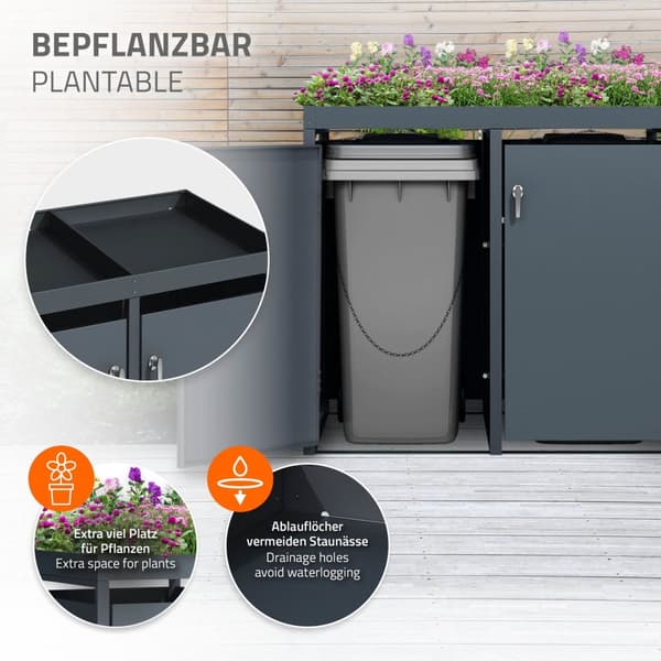 ML-Design papperskorgsbox 3er med planteringstak för 3 papperskorgar, 240L 200x80x124cm antracit, stål, väderbeständig, låsbart papperskorgslock med