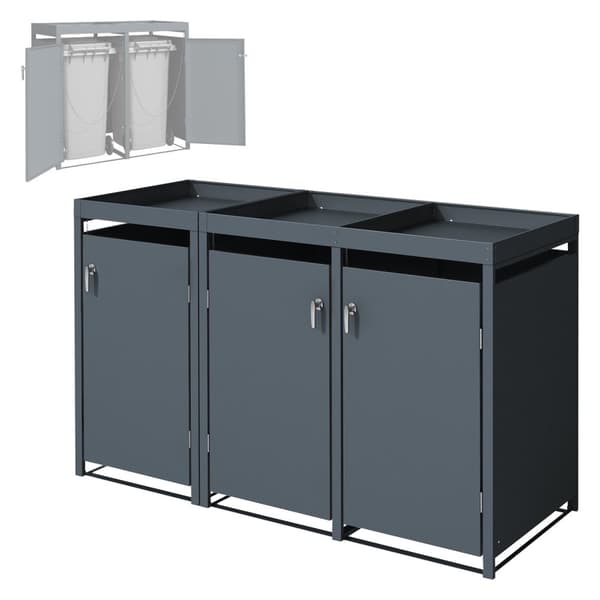 ML-Design papperskorgsbox 3er med planteringstak för 3 papperskorgar, 240L 200x80x124cm antracit, stål, väderbeständig, låsbart papperskorgslock med