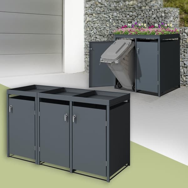 ML-Design papperskorgsbox 3er med planteringstak för 3 papperskorgar, 240L 200x80x124cm antracit, stål, väderbeständig, låsbart papperskorgslock med