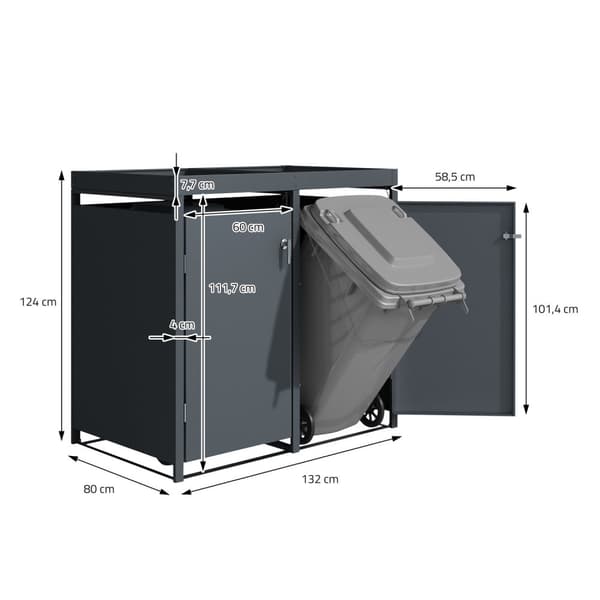 ML-Design soptunna 4er med planteringstak för 4 soptunnor, 240L 264x80x124cm antracit, stål, väderbeständig, låsbart soptunnelock med dörr, soptunna
