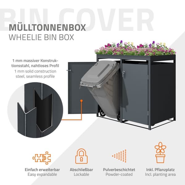 ML-Design soptunna 4er med planteringstak för 4 soptunnor, 240L 264x80x124cm antracit, stål, väderbeständig, låsbart soptunnelock med dörr, soptunna