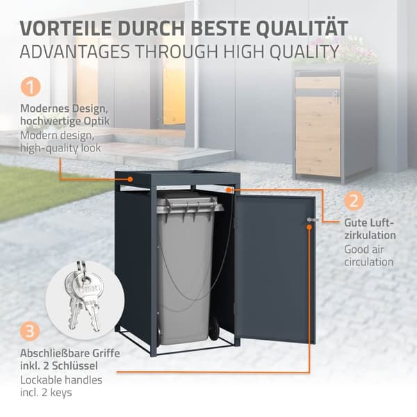 Papperskorg med planteringslucka för 1 soptunna upp till 240L 68x80x124 cm stål i eklook ML-design