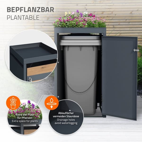 Papperskorg med planteringslucka för 1 soptunna upp till 240L 68x80x124 cm stål i eklook ML-design