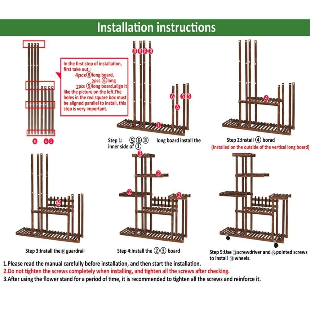 5-vånings träväxtställ Balkong Trädgård Blomsterställ Displayhylla inomhus utomhus(5-våningsställ med hjul)