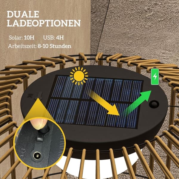 Rootz Garden Light - Solar & USB-opladning - Udendørslampe - Automatisk tænding - Plantehylde - 33cm x 96,5cm - Metal & PE Rattan - Brun/Sort
