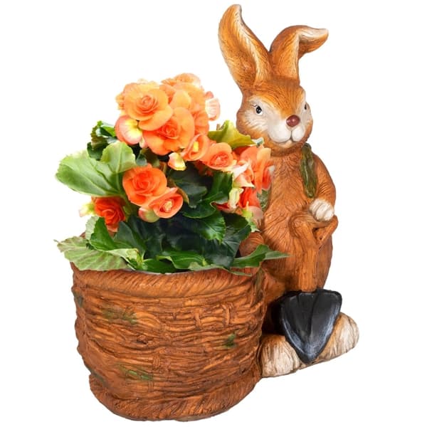 Rootz blomkruka - Kanin med flätad korg - Snygg trädgårdskruka - Väderbeständigt harts - 45cm x 27cm x 50cm - Brun