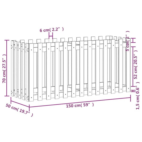 Odlingslåda med staket-design svart 150x50x70 cm massiv furu