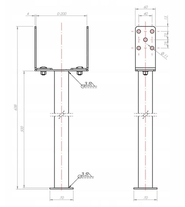 Justerbar stolpebase 0-200mm galvaniseret