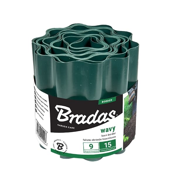 Set med 4 produkter. Plen bølgebrett 9m x 15cm, grønn