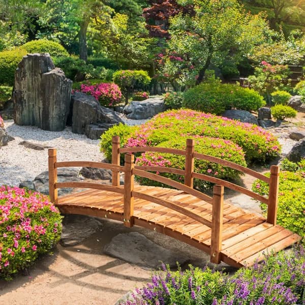 Rootz Garden Bridge - Träbro - Gåbar träspång - Dammbro - Dekorativ bro med räcke - Massivt trä - Orange - 185L x 72W x 58H cm