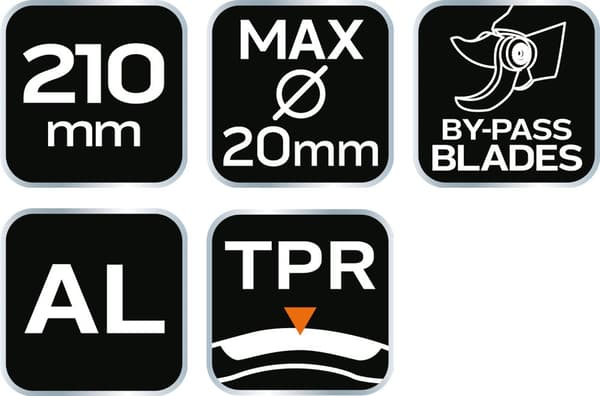 Bypass beskærer 210 mm, rækkevidde op til 20 mm, aluminium, TPR gummibelagt håndtag