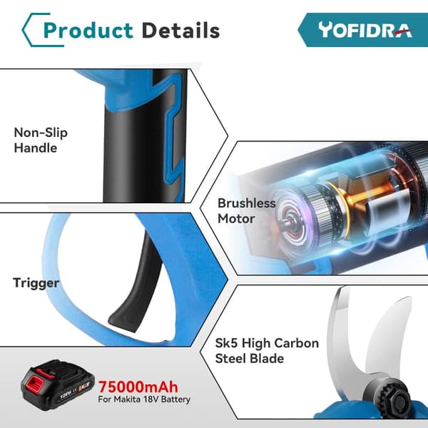 YOFIDRA Borstlösa Elektriska Grensaxar (med 2 Batterier) Sladdlös Fruktträd Bonsai Trädgårdsförsköningsverktyg
