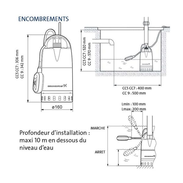 Grundfos Pump för lyft 380w med justerbart flytande - unilift cc7 a1