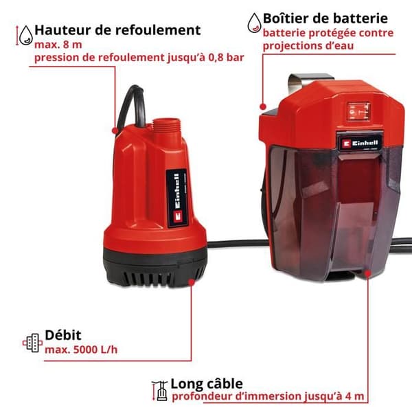 Einhell Pump för klarvattensavvattning utan sladd GE-SP 18 Li-Solo Power X-Change (18V) Levereras utan batteri eller laddare