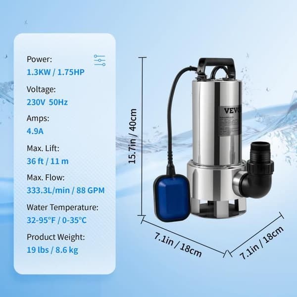 Avloppslyftspump - VEVOR - 1300 W 333,3 L-min avloppspump - med utloppsadapter
