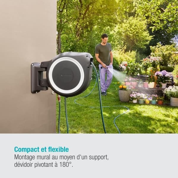 GARDENA RollUp® M/L automatisk väggmonterad slangupprullare med vit kant – Längd 25m – Ø13mm – Komplett sats – 5 års garanti (18622-20)
