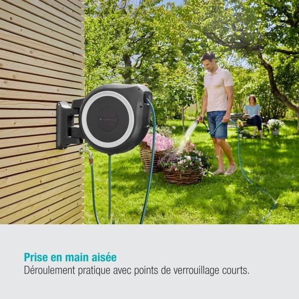GARDENA RollUp® M/L automatisk väggmonterad slangupprullare med vit kant – Längd 25m – Ø13mm – Komplett sats – 5 års garanti (18622-20)